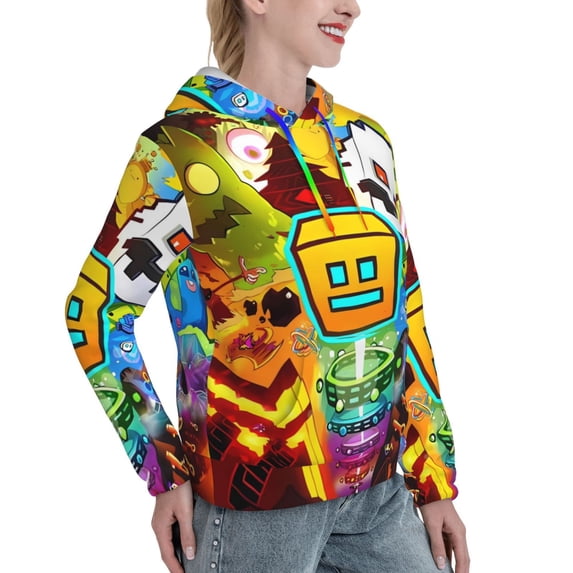 Lsque Geometry Dash Pattern Casual Women's Hoodie,Hooded Sweatshirt with Kangaroo Pocket,Pullover Hoodie with Eye-catching Drawstrings-XX-Large