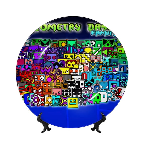 Lsque Geometry Dash Pattern Ceramic Decorative Plate Decorative Plates with Display Stand Personalized Porcelain Plate Ceramic Ornaments for Wall Hanging Decoration-10in