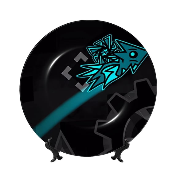 Lsque Geometry Dash Pattern Ceramic Decorative Plate Decorative Plates with Display Stand Personalized Porcelain Plate Ceramic Ornaments for Wall Hanging Decoration-10in