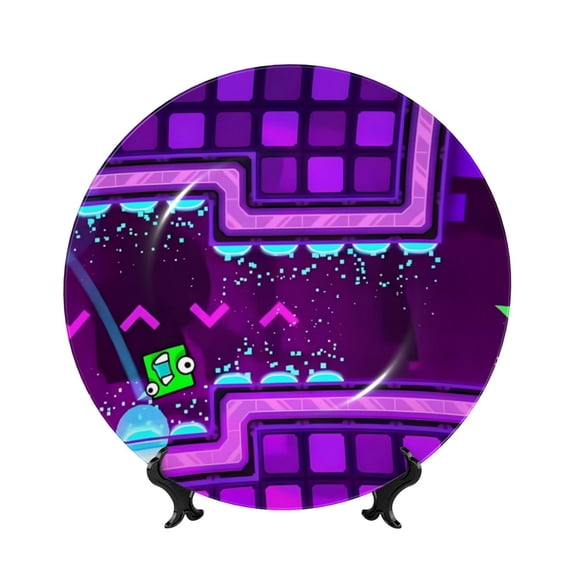 Lsque Geometry Dash Pattern Ceramic Decorative Plate Decorative Plates with Display Stand Personalized Porcelain Plate Ceramic Ornaments for Wall Hanging Decoration-6in