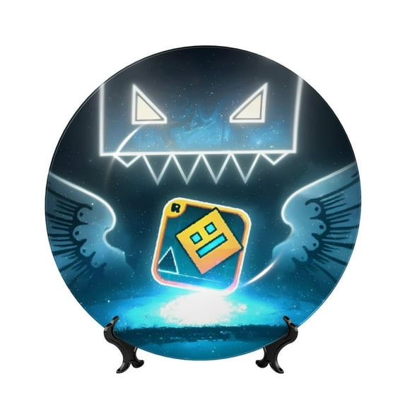 Lsque Geometry Dash Pattern Ceramic Decorative Plate Decorative Plates with Display Stand Personalized Porcelain Plate Ceramic Ornaments for Wall Hanging Decoration-7in