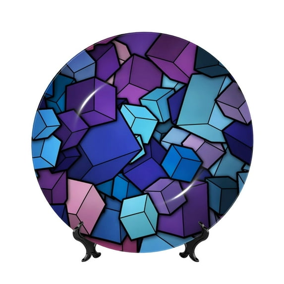Lsque Geometry Dash Pattern Ceramic Decorative Plate Decorative Plates with Display Stand Personalized Porcelain Plate Ceramic Ornaments for Wall Hanging Decoration-8in
