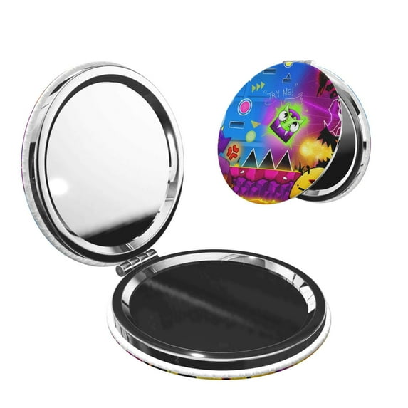 Lsque Geometry Dash Pattern Cosmetic Mirror 2.6 Inch Round Handheld Travel Pocket Makeup Mirror