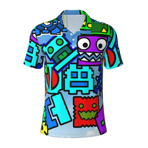 Lsque Geometry Dash Pattern Golf Shirts for Men Dry Fit Print Moisture Wicking Performance Short Sleeve Polo Shirt-3X-Large