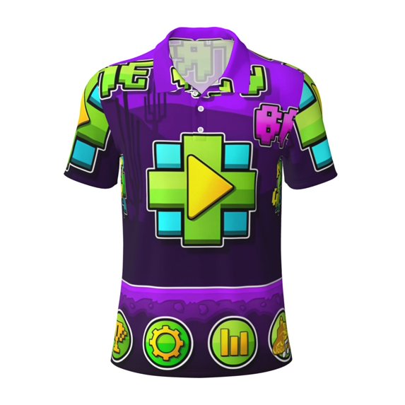Lsque Geometry Dash Pattern Golf Shirts for Men Dry Fit Print Moisture Wicking Performance Short Sleeve Polo Shirt-Medium