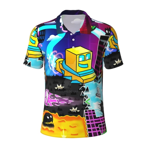 Lsque Geometry Dash Pattern Golf Shirts for Men Dry Fit Print Moisture Wicking Performance Short Sleeve Polo Shirt-X-Large