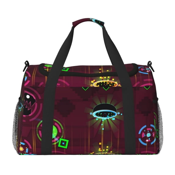 Lsque Geometry Dash Pattern Hand Travel Bag, Weekender Carry On for Women Men, Sports Gym Bag, Workout Duffel Bag, Overnight Shoulder Bag fit 15.6 Inch Laptop