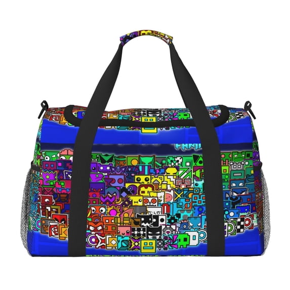 Lsque Geometry Dash Pattern Hand Travel Bag, Weekender Carry On for Women Men, Sports Gym Bag, Workout Duffel Bag, Overnight Shoulder Bag fit 15.6 Inch Laptop