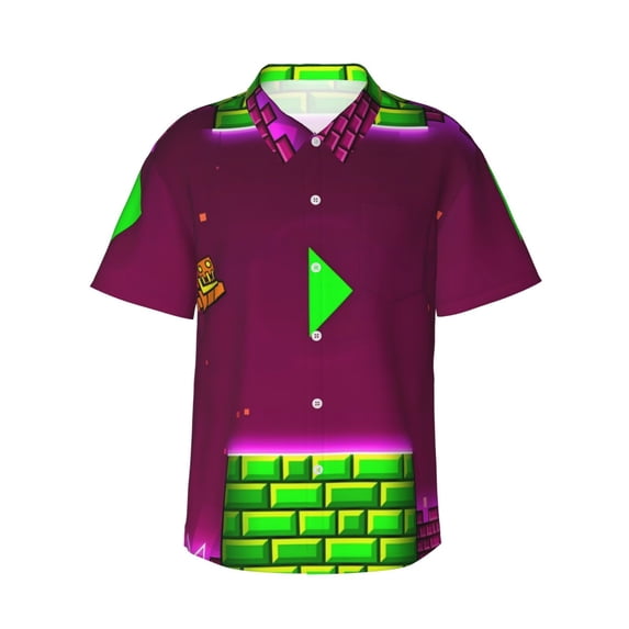 Lsque Geometry Dash Pattern Hawaiian Shirt for Men Unisex Summer Beach Casual Short Sleeve Cotton Linen Button Down Shirts-Large