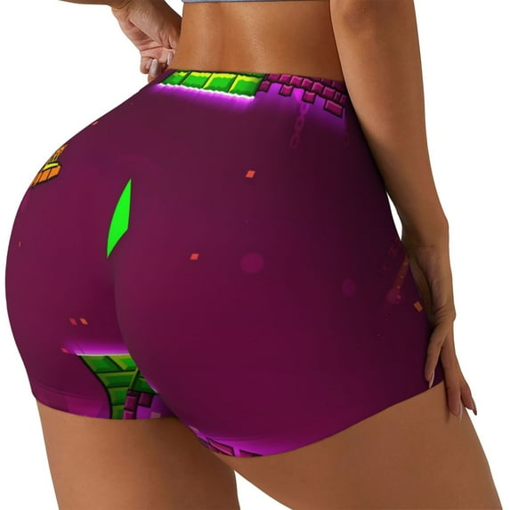 Lsque Geometry Dash Pattern High Waisted Biker Shorts for Women-Tummy Control Fitness Athletic Workout Running Yoga Gym Shorts,Moisture-Wicking-X-Large