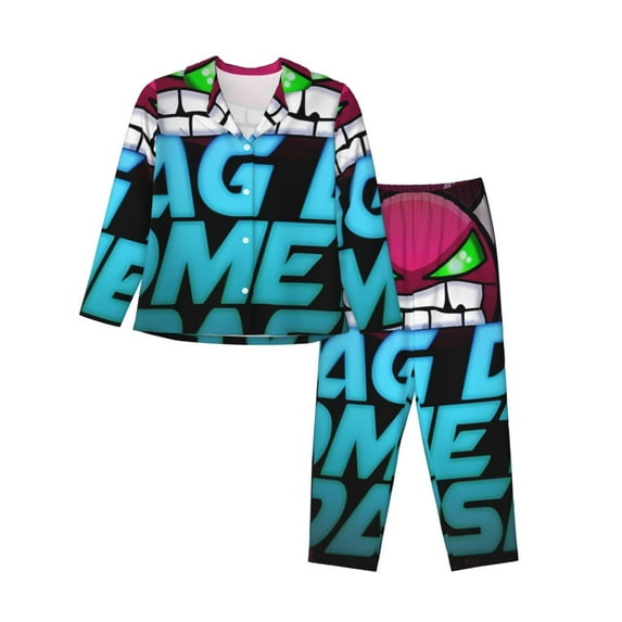 Lsque Geometry Dash Pattern Long Sleeve Pajama Set for Women - Soft 2-Piece Sleepwear and Loungewear Set with Pockets, Comfy Nightwear