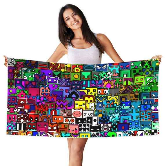 Lsque Geometry Dash Pattern Microfiber Bath Beach Towel Silver Fox Velvet Beach Towel Oversized Quick Dry Absorbent for Pool Swimming Bathroom 27.5x55in