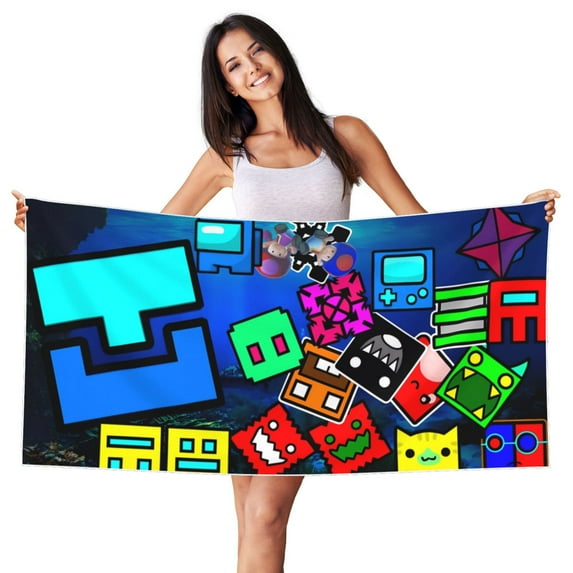 Lsque Geometry Dash Pattern Microfiber Bath Beach Towel Silver Fox Velvet Beach Towel Oversized Quick Dry Absorbent for Pool Swimming Bathroom 27.5x55in