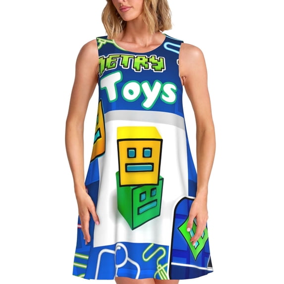 Lsque Geometry Dash Pattern Summer Dresses for Women – Sleeveless T-Shirt Swing Sundress, Perfect for the Beach and Casual Days