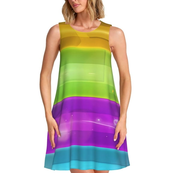 Lsque Geometry Dash Pattern Summer Dresses for Women – Sleeveless T-Shirt Swing Sundress, Perfect for the Beach and Casual Days