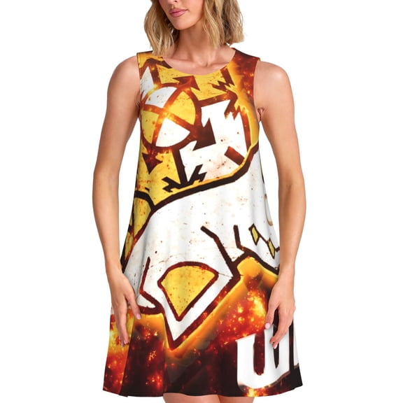 Lsque Geometry Dash Pattern Summer Dresses for Women – Sleeveless T-Shirt Swing Sundress, Perfect for the Beach and Casual Days