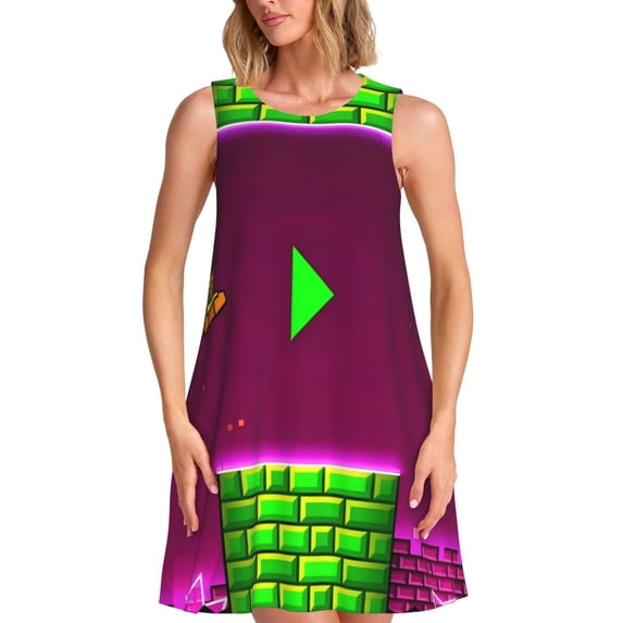 Lsque Geometry Dash Pattern Summer Dresses for Women – Sleeveless T-Shirt Swing Sundress, Perfect for the Beach and Casual Days