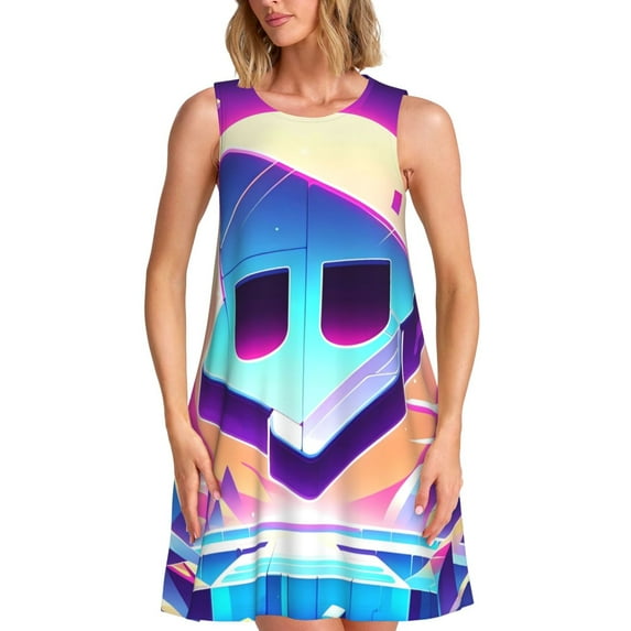 Lsque Geometry Dash Pattern Summer Dresses for Women – Sleeveless T-Shirt Swing Sundress, Perfect for the Beach and Casual Days