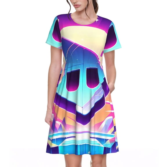 Lsque Geometry Dash Print Women's Casual Dress T-Shirt Summer Short Sleeve Scoop Neck Swing Dresses