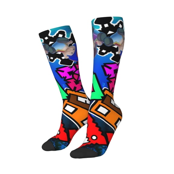 Lsque Geometry Dash Printed Crew Socks Men's Women's LightWeight Thin Casual Calf Socks ,Knee High Socks,Cotton Socks