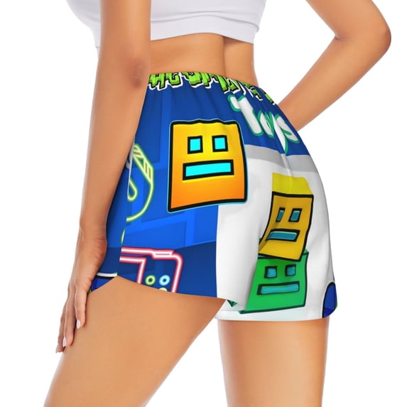 Lsque Geometry Dash Printed Women's Running Shorts with Liner Pockets,Elastic Quick Dry Workout Athletic Gym Yoga Shorts,Womens High Waist Shorts-Small