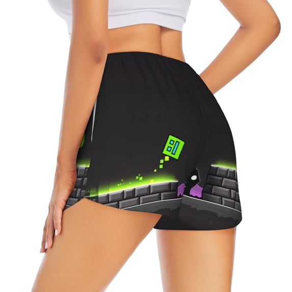 Lsque Geometry Dash Printed Women's Running Shorts with Liner Pockets,Elastic Quick Dry Workout Athletic Gym Yoga Shorts,Womens High Waist Shorts-XX-Large