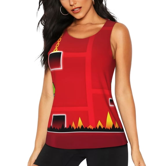 Lsque Geometry Dash Printed Workout Tank Tops for Women, Athletic Sports Tank Tops, Compression Sleeveless Dry Fit Shirts,Sleeveless Yoga Shirt-X-Large