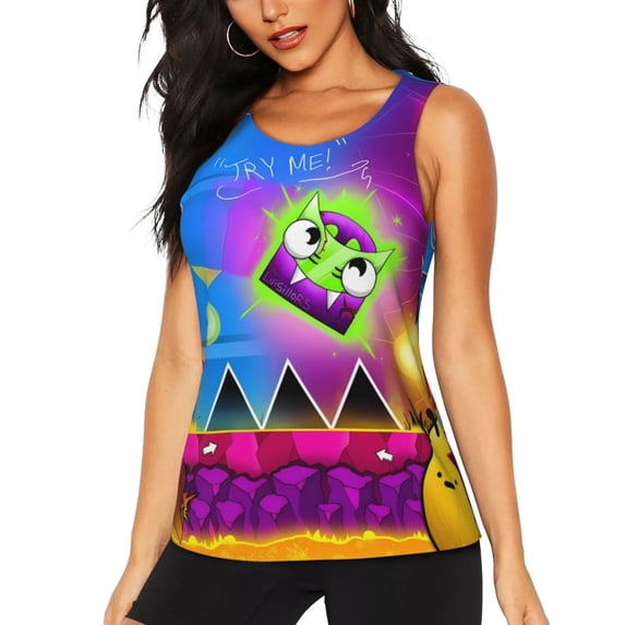 Lsque Geometry Dash Printed Workout Tank Tops for Women, Athletic Sports Tank Tops, Compression Sleeveless Dry Fit Shirts,Sleeveless Yoga Shirt-X-Large