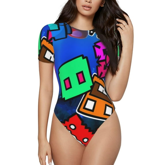 Lsque Geometry Dash Women's Crew Neck Short Sleeve Bodysuit Basic T Shirts Tops Onesie Adult Cute Pajama-X-Large