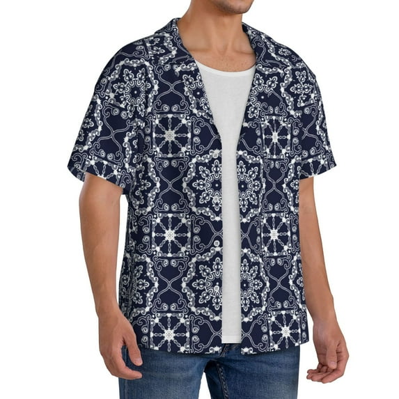 Lsque Geometry Flower print Men's Cuban Collar Short Sleeve Shirt Summer Beachwear Casual Button Down Fashionable Vacation Leisure Shirt-Large