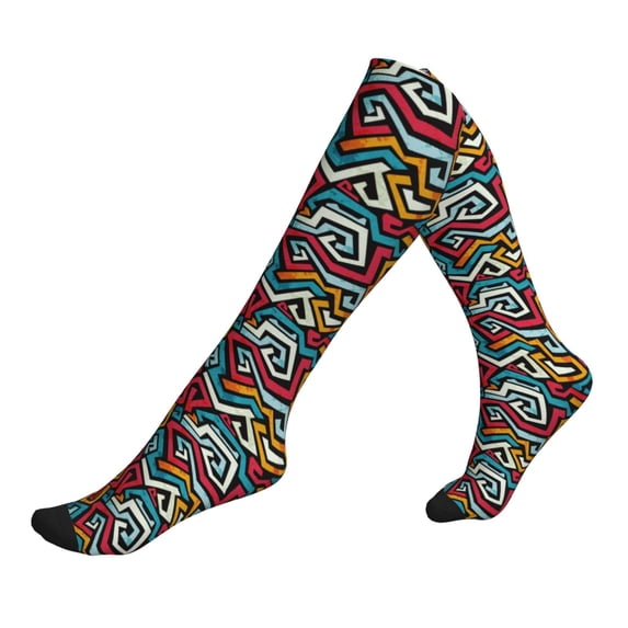 Lsque Geometry Pattern Sport Compression Socks for Men & Women 15-20 mmHg Knee High Nurse Pregnant Running Medical and Travel Athletic