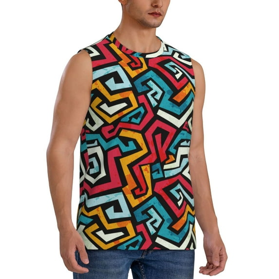 Lsque Geometry Print Men's Cotton Blend Sleeveless Muscle Shirts (S-3XL)- Moisture Wicking, Odor Protection, UPF 30+,Small