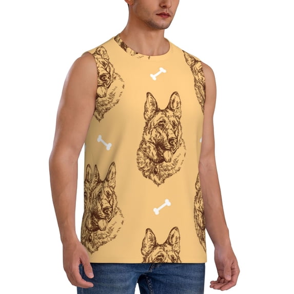 Lsque German Shepherd Dog Print Men's Cotton Blend Sleeveless Muscle Shirts (S-3XL)- Moisture Wicking, Odor Protection, UPF 30+,Small