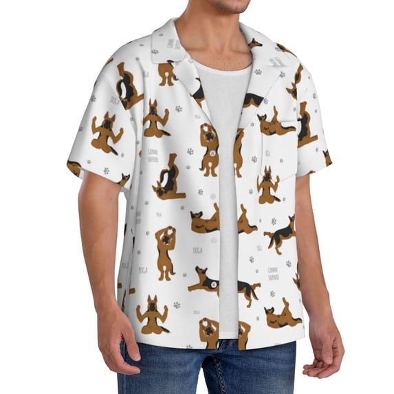 Lsque German Shepherd Dog print Men's Cuban Collar Short Sleeve Shirt Summer Beachwear Casual Button Down Fashionable Vacation Leisure Shirt-3X-Large
