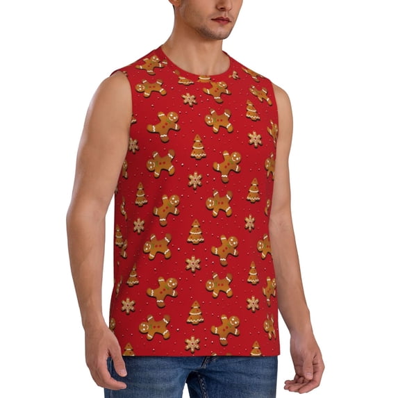 Lsque Gingerbread Man Print Men's Cotton Blend Sleeveless Muscle Shirts (S-3XL)- Moisture Wicking, Odor Protection, UPF 30+,XX-Large