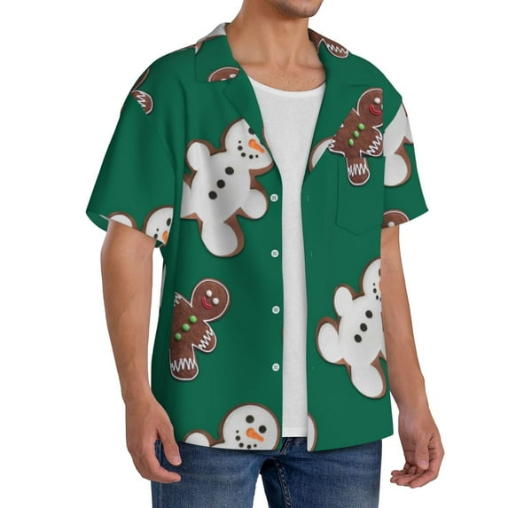 Lsque Gingerbread Snowman Cookies print Men's Cuban Collar Short Sleeve Shirt Summer Beachwear Casual Button Down Fashionable Vacation Leisure Shirt-XX-Large
