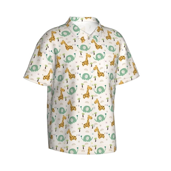 Lsque Giraffe And Elephant pattern Hawaiian Shirt for Men, Unisex Summer Beach Casual Short Sleeve Button Down Shirts-Small