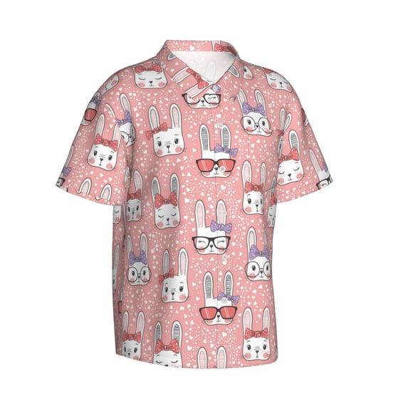 Lsque Girl Rabbit pattern Hawaiian Shirt for Men, Unisex Summer Beach Casual Short Sleeve Button Down Shirts-Medium