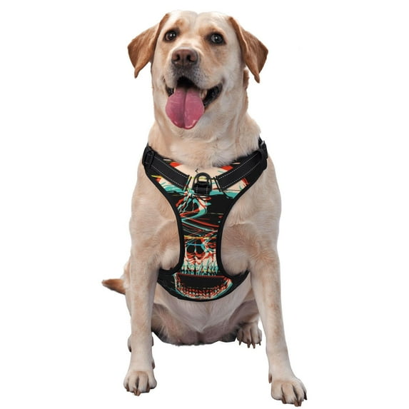 Lsque Glitch Screaming Skull Dog Harness, No-Pull Pet Harness with 2 Leash Clips, Adjustable Soft Padded Dog Vest with Easy Control Handle for Large Dogs-Large
