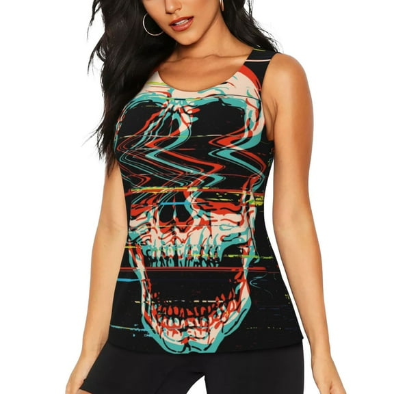 Lsque Glitch Screaming Skull Printed Workout Tank Tops for Women, Athletic Sports Tank Tops, Compression Sleeveless Dry Fit Shirts,Sleeveless Yoga Shirt-Small