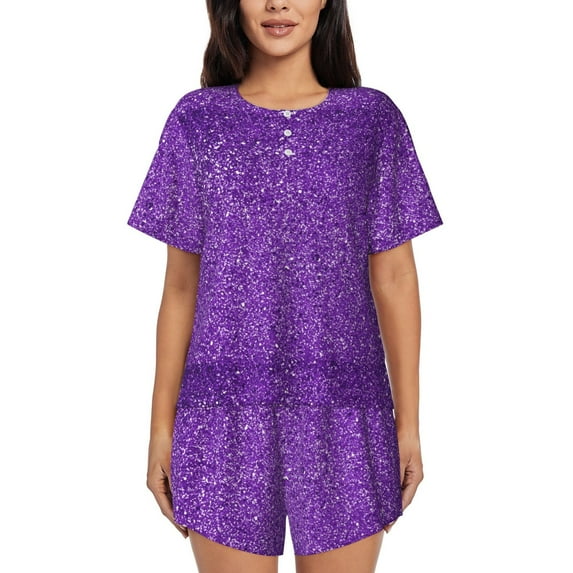 Lsque Glitter Purple Women's Short-Sleeved Pajama Set - 2 Piece Soft and Lightweight Sleepwear Set-Large