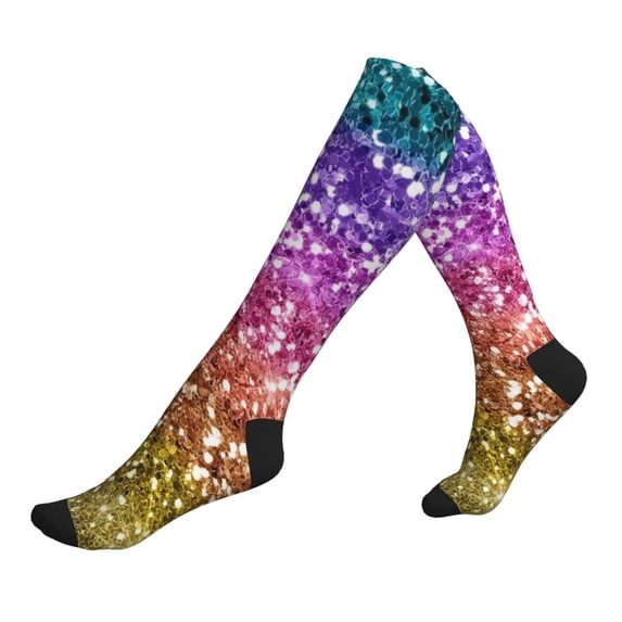 Lsque Glitter Rainbow Pattern Sport Compression Socks for Men & Women 15-20 mmHg Knee High Nurse Pregnant Running Medical and Travel Athletic