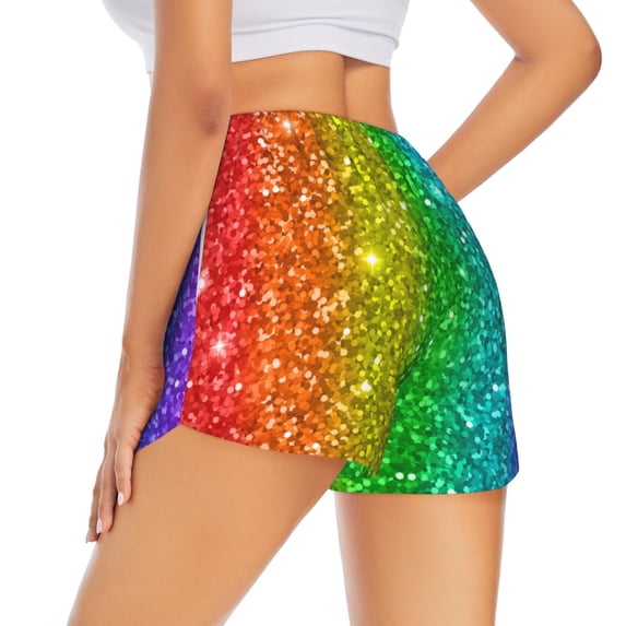 Lsque Glitter Rainbow Printed Women's Running Shorts with Liner Pockets,Elastic Quick Dry Workout Athletic Gym Yoga Shorts,Womens High Waist Shorts-Large