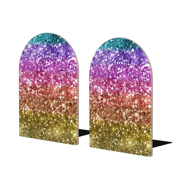 Lsque Glitter Rainbow Printed Wood Bookends,Non-Skid Bookend for Shelves,Heavy Duty Support Bookends,Non-Slip Foam Pads for Office, Home, and Library,1 Pair