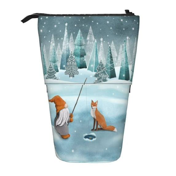 Lsque Gnome And Red Fox Fishing Pattern Telescopic Pencil Bag Pen Holder Stationery Case, Stand-up Retractable Transformer Bag Organizer