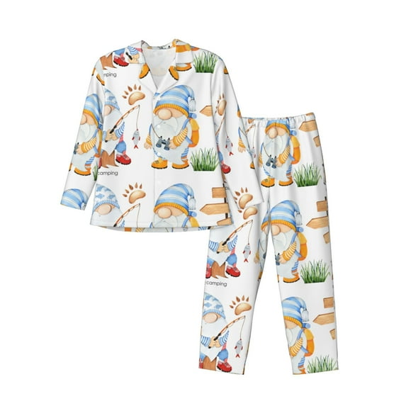 Lsque Gnome Camping Fishing Pattern Long Sleeve Pajama Set for Men - Soft 2-Piece Sleepwear and Loungewear Set with Pockets, Comfy Nightwear-XX-Large