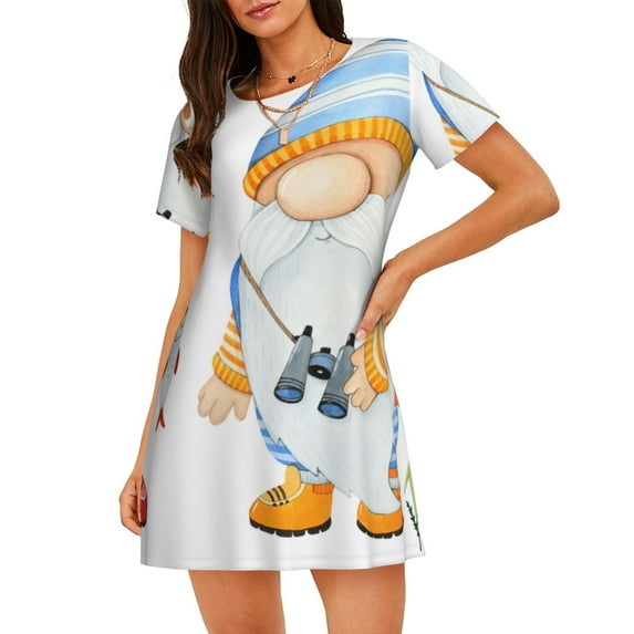 Lsque Gnome Camping Fishing Pattern Nightgowns for Women Sleep Shirts Short Sleeve Nightshirt Pullover Nightdress Soft Sleepwear Relaxed Fit Nightdress