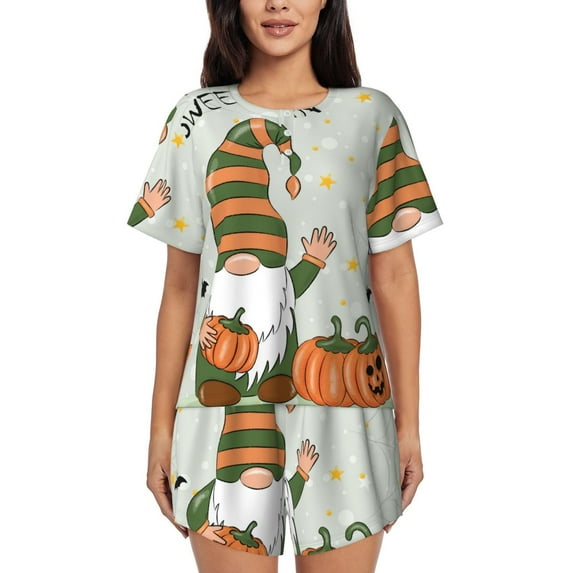 Lsque Gnome Holding A Pumpkin Women's Short-Sleeved Pajama Set - 2 Piece Soft and Lightweight Sleepwear Set-4X-Large