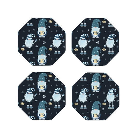 Lsque Gnome and Snowflakes Pattern 4" Drink Coasters Set of 4, PVC Leather Absorbent Coasters, Table Coaster Set Decorative Coffee Cup Coasters Housewarming Gift -Octagon