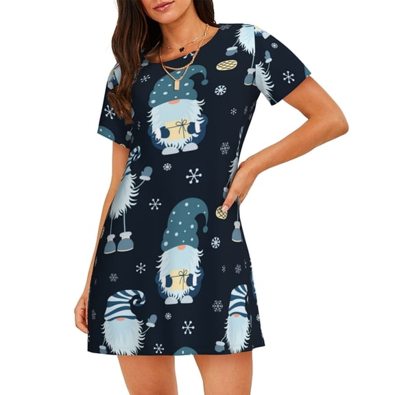 Lsque Gnome and Snowflakes Pattern Nightgowns for Women Sleep Shirts Short Sleeve Nightshirt Pullover Nightdress Soft Sleepwear Relaxed Fit Nightdress